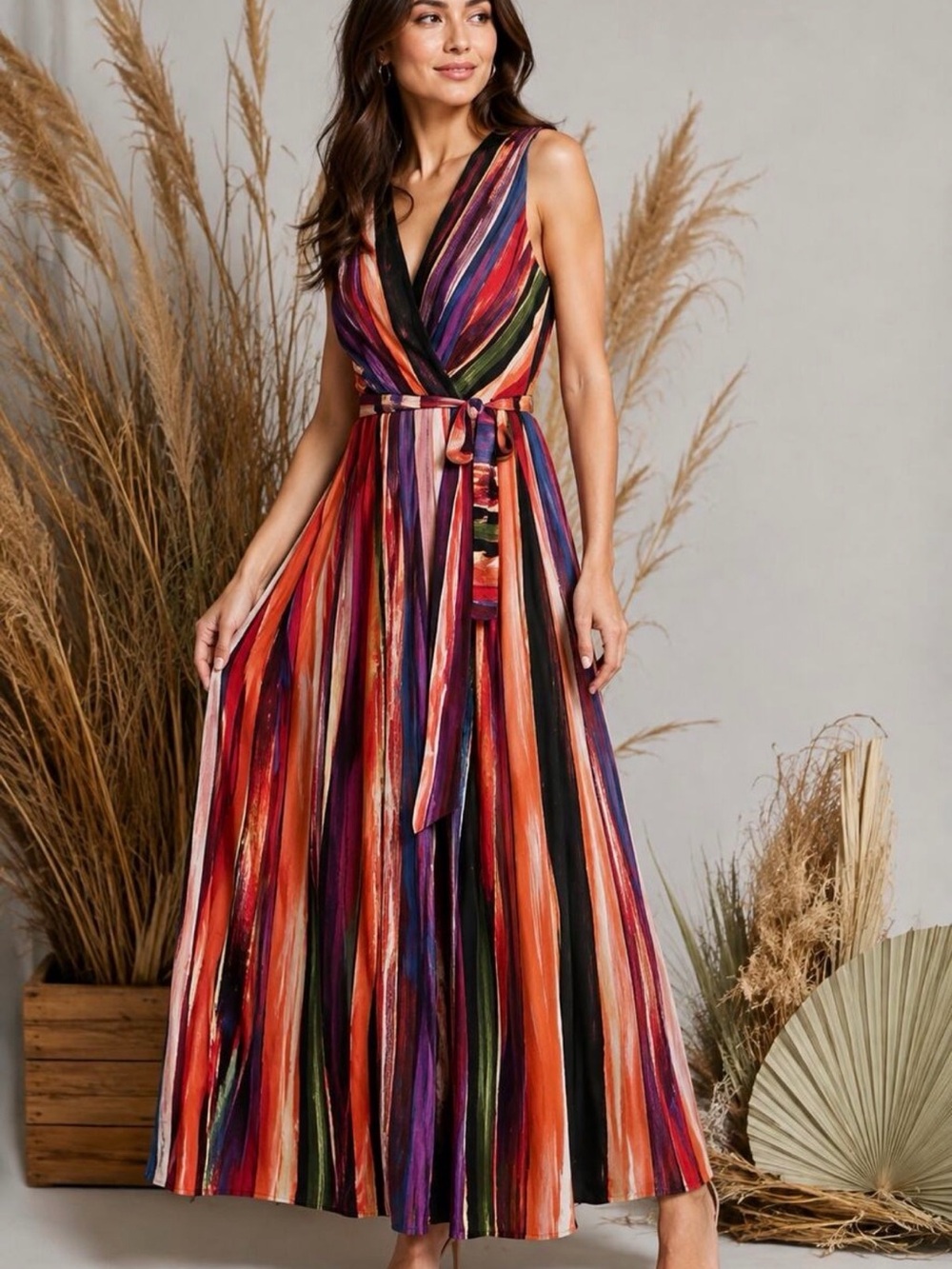 Donna Ricco Multicolor Striped Wrap Maxi Dress